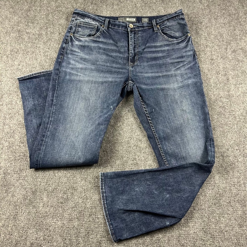 BKE Tyler Jeans Mens 38R Blue Bootcut Distressed Dark Wash Denim Casual